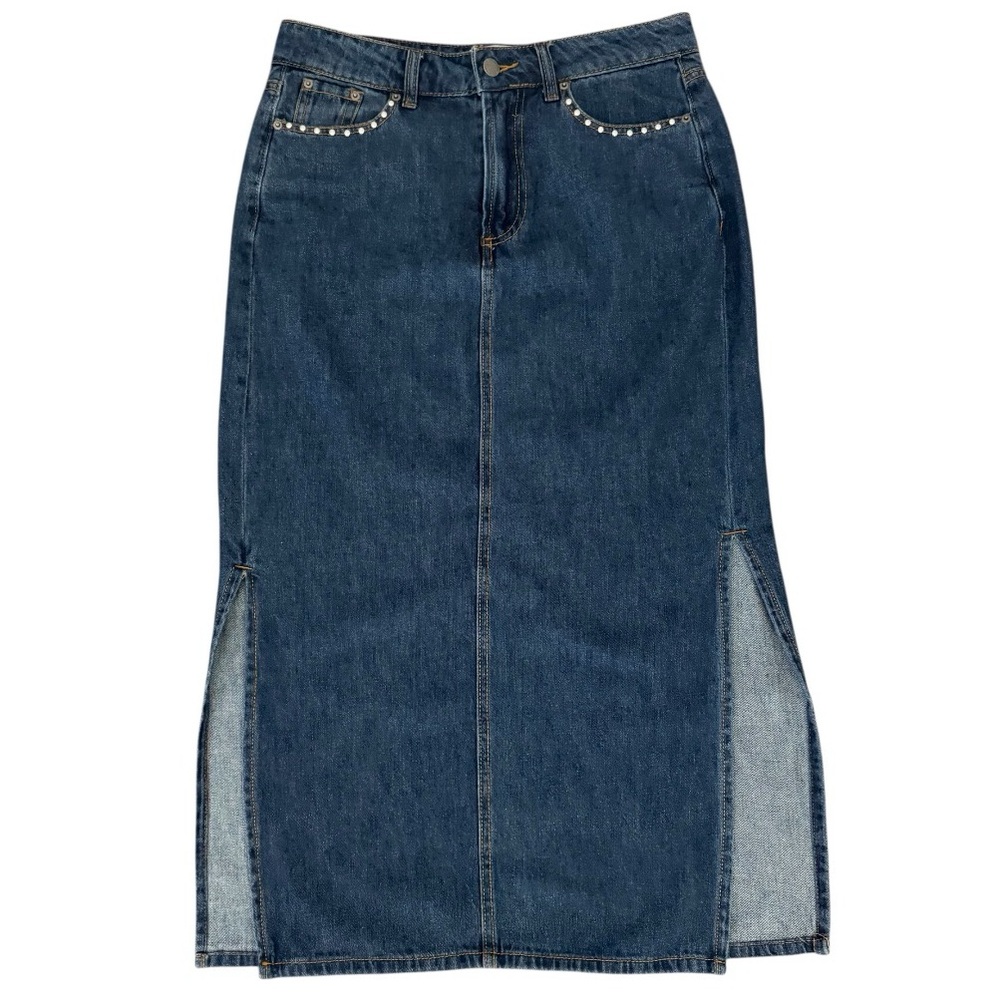 Velvet Heart Long Jean Skirt Size S | Button Front, Studs, Side Slits Denim